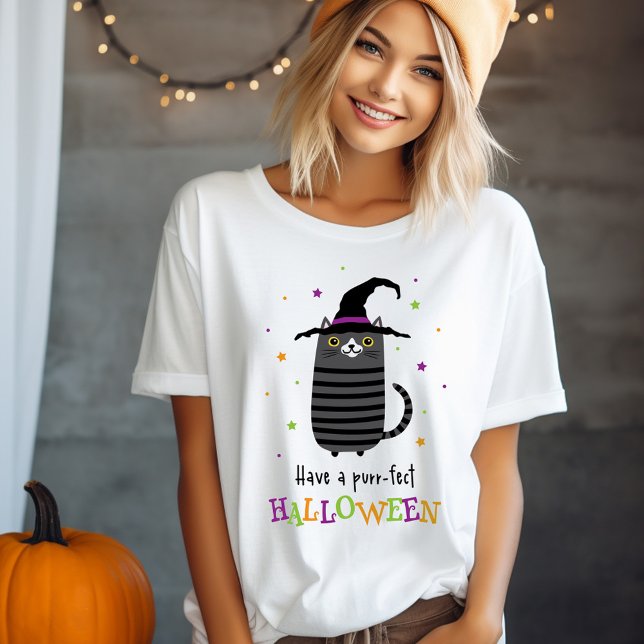 T-shirt Chat avec casquette sorcier Avoir un purr-fect Hal (Cat with witch hat Have a purr-fect Halloween cute T-Shirt)