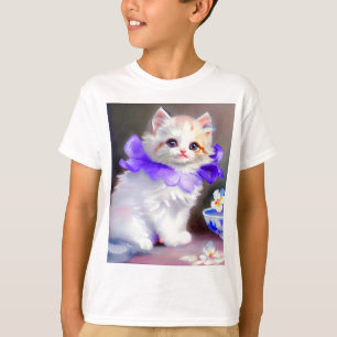 T-shirt Chat blanc avec collier de fleurs violettes