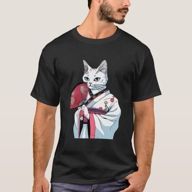 T-shirt Chat blanc Geisha Funny Pet Kimono (Devant)