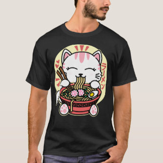 T-shirt Chat blanc mangeant du ramen