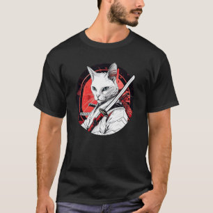 T-shirt Chat Blanc Samouraï Guerrier Drôle d'Animal de Com