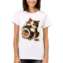 Chat calico grincheux amateur de sushi