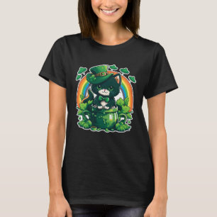T-shirt Chat Chanceux et Pot Arc-en-ciel Trèfle St Patrick