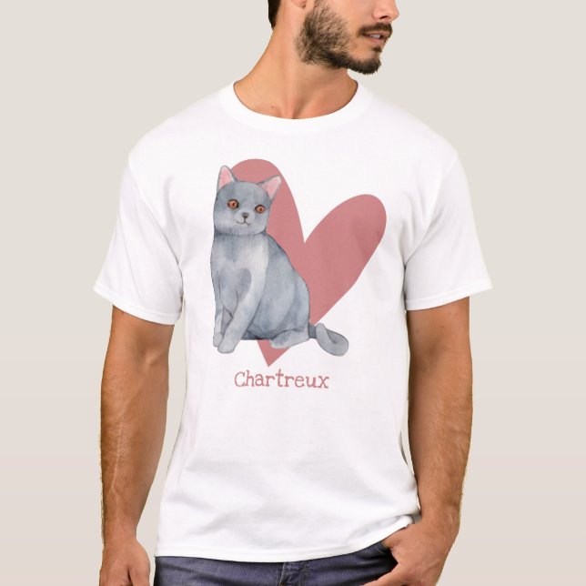 T-shirt Chat Chartreux Aquarelle Kitty Coeur rose (Devant)