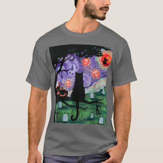 T-shirt Chat, Chat de nuit effrayant, Van Gogh, Halloween