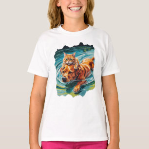T-shirt Chat chevauchant un chien amical dans l'eau!