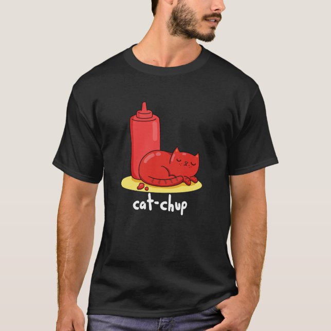 T-shirt Chat-chup Funny Red Ketchup Chat Pun Dark BG (Devant)