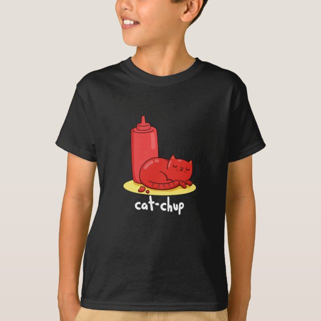 T-shirt Chat-chup Funny Red Ketchup Chat Pun Dark BG (Devant)