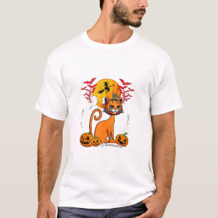 T-shirt Chat Citrouille Sculptée Horreur Tête Halloween Pr