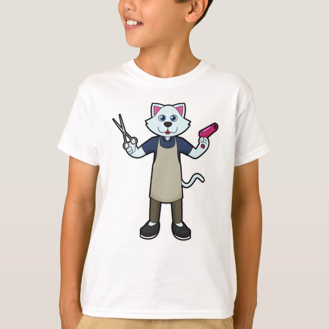 T-shirt Chat coiffeur avec ciseaux et sèche-cheveux (Devant)