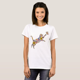 T-shirt Chat coloré aux fleurs sauvages avec papillon