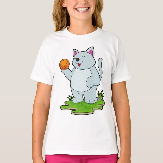 T-shirt Chat comme joueur de basket-ball avec basket-ball (Devant)