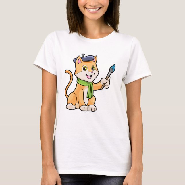 T-shirt Chat comme Peintre avec pinceau et écusson (Devant)