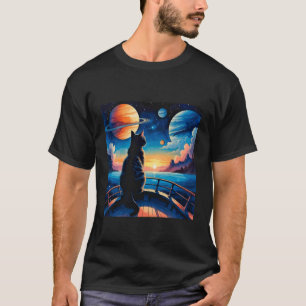 T-shirt Chat contemplant les étoiles sur l'eau