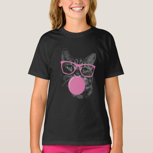 T-shirt Chat cool avec lunettes roses et gomme à bulles (Devant)