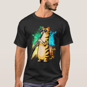 T-shirt Chat Cool Jouant De La Clarinette Design Hippy Hip