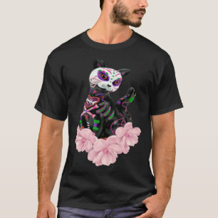 T-shirt Chat Crâne de Sucre Fleurs Roses Jour des Morts