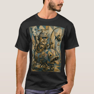 T-shirt Chat Cubiste Steampunk montant un Poisson Mécaniqu