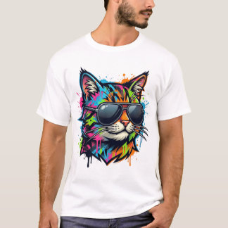T-shirt Chat d'art de rue néon vibrant portant des lunette