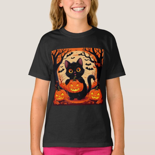 T-shirt Chat de dessin animé et Citrouilles en Pleine lune (Devant)