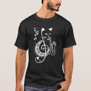 T-shirt Chat de jazz jouant du saxophone Piano Clé de sol