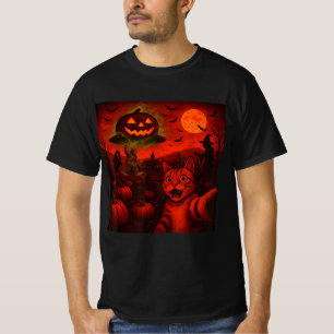 T-shirt Chat de lune rouge Selfie Bigfoot Citrouilles Épou
