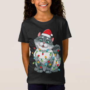 T-Shirt Chat De Noël Enveloppé Dans Des Lumières Colorées 