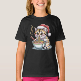 T-shirt Chat de Noël Mignon Mangeant des Ramen