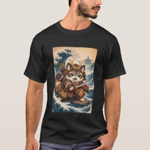 T-shirt Chat de samouraï mignon Grande Vague Art japonais