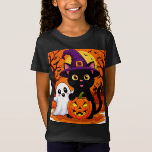 T-Shirt Chat de sorcière mignon avec nuit de citrouille fa