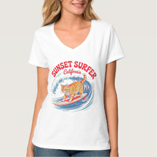 T-shirt Chat d'été Rétro Surfeur - Femme féline californie