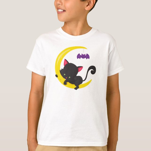 T-shirt Chat d'Halloween, Chat mignon, Chat noir, Lune, Ch (Devant)