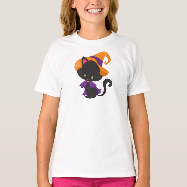 T-shirt Chat d'Halloween, Chat mignonne, Chat noir, Casque (Devant)