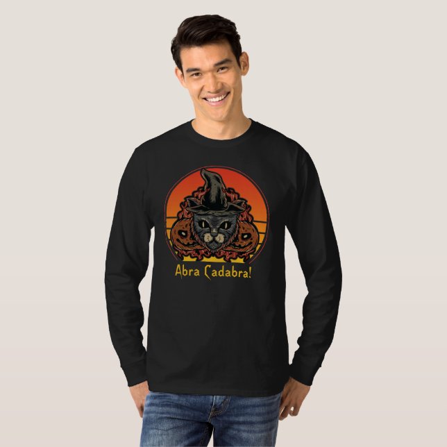 T-shirt Chat d'Halloween en sorcière Casquette Abra Cadabr (Devant entier)