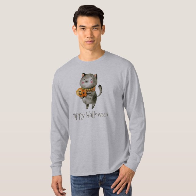 T-shirt Chat d'Halloween mignonne avec chemise à manches C (Devant entier)