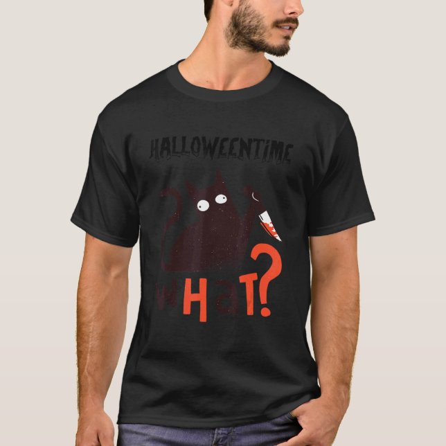 T-shirt Chat D'Halloween Noir Effrayant Avec Couteau (Devant)