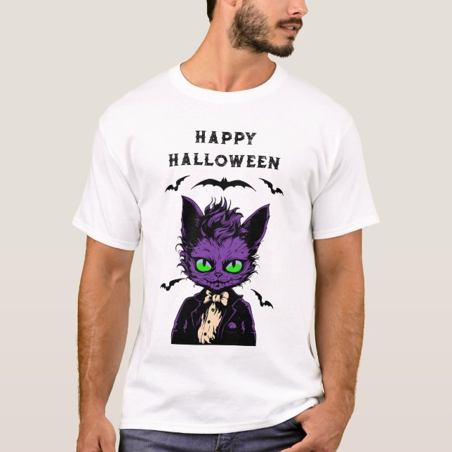 T-shirt Chat d'Halloween violet (Devant)