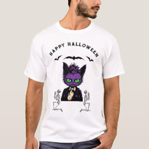 T-shirt Chat d'Halloween violet avec chauve-souris et sque