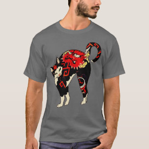 T-shirt Chat d'impression en bloc de bois japonais ancien 