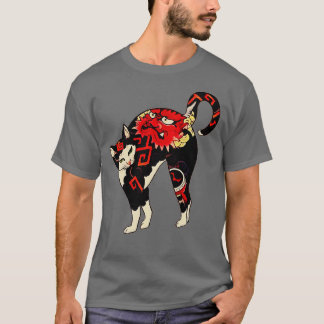 T-shirt Chat d'impression en bloc de bois japonais ancien 