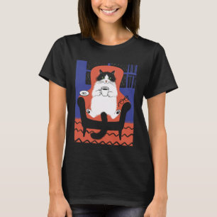 T-shirt Chat Drôle Buvant du Café Manches Longues