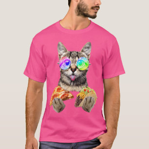 T-shirt Chat Drôle Mangeant une Pizza et des Tacos avec de