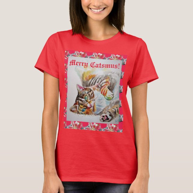 T-shirt Chat drôle Merry Cats Noël Red Womens T Shirt (Devant)