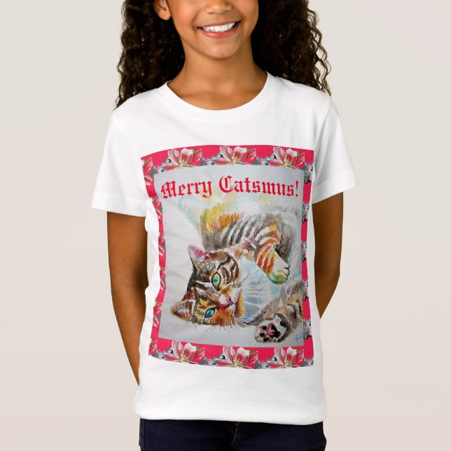 T-Shirt Chat drôle Merry chats Noël Red Girls T Chemise (Devant)