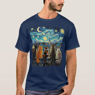 T-shirt Chat drôle Nuit étoilée Van Gogh Chats Scène sur l