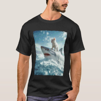 T-shirt Chat Drôle Qui Monte Un Requin Sur