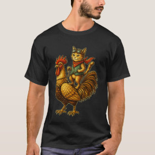 T-shirt Chat Drôle sur un Coq Poulet à Cheval Mignon Pilot
