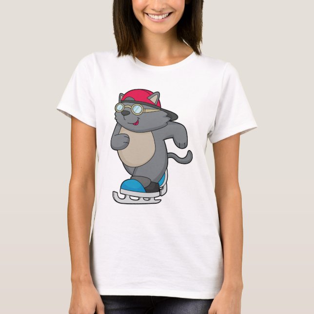 T-shirt Chat en patinage sur glace avec patins sur glace (Devant)