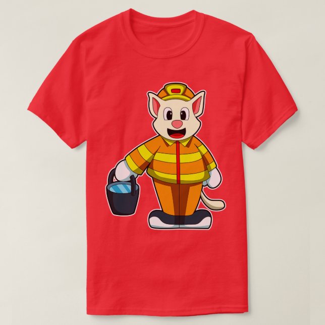 T-shirt Chat en pompier avec seau d'eau (Design devant)