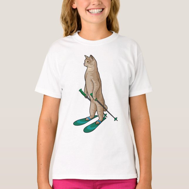 T-shirt Chat en Ski avec Pôles de Ski & Ski (Devant)